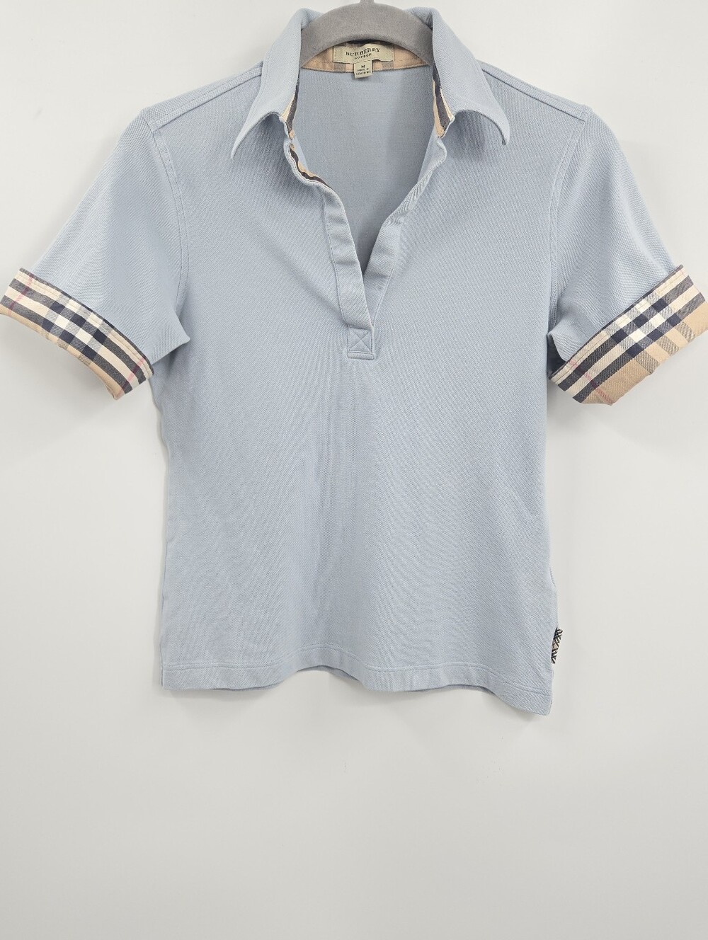 Burberry Light Blue Polo Top Nova Check Trim